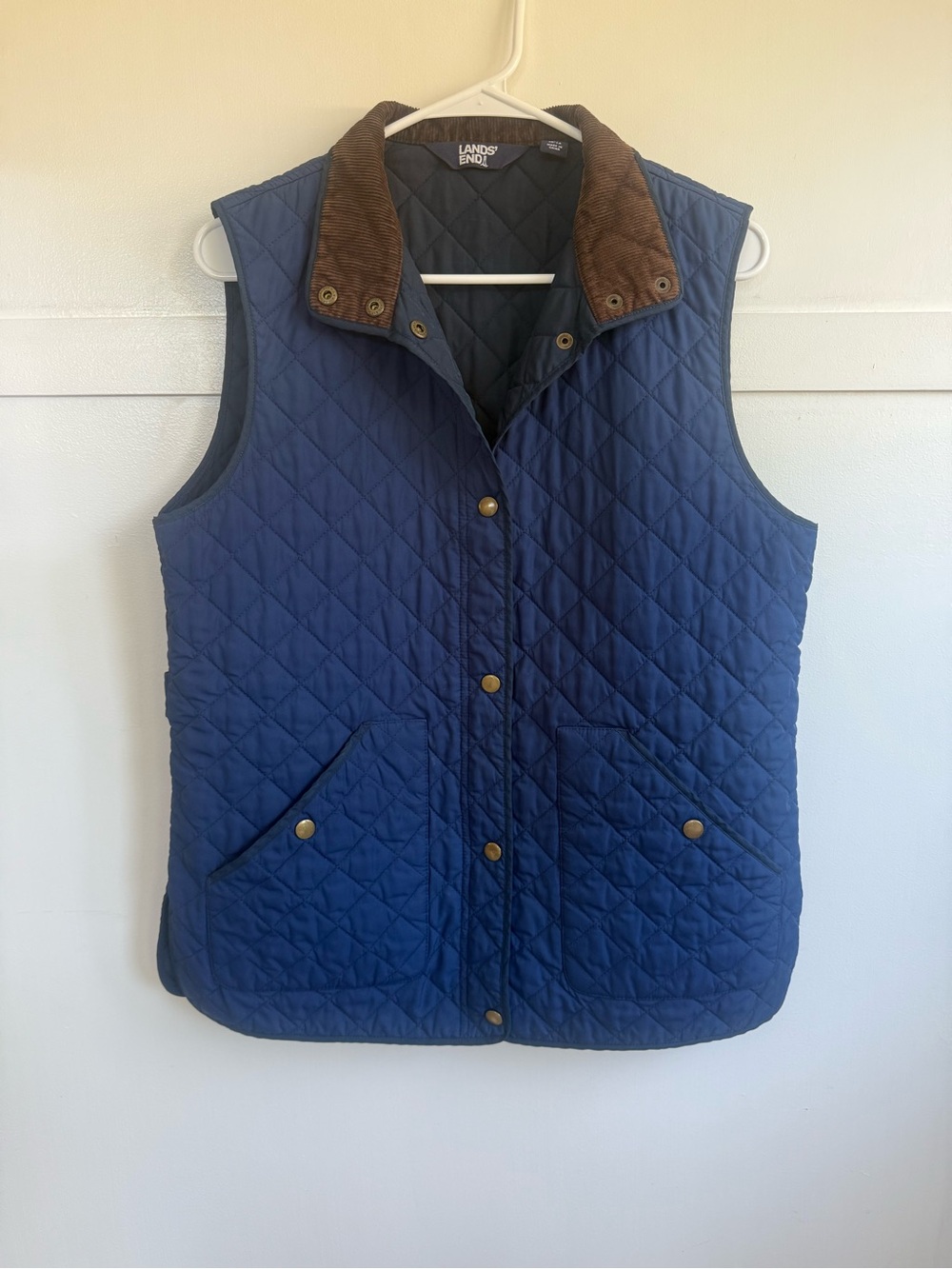 Lands End Kids Quilted  Barn Vest Blue Corduroy Collar Snap Front Kids M 10-12
